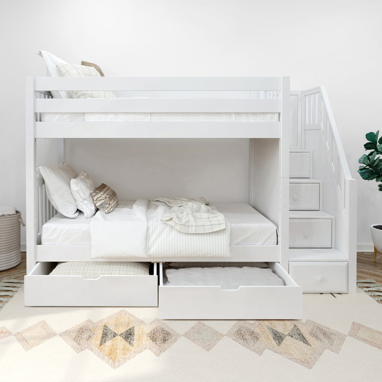 White wooden bunk bed with stairs and storage drawers in a modern bedroom setting.