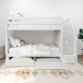 White wooden bunk bed with stairs and storage drawers in a modern bedroom setup.