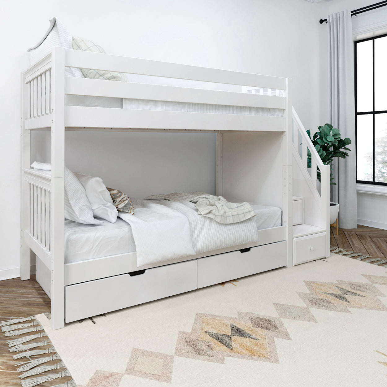 Stylish white wooden bunk bed with storage drawers and staircase in a modern bedroom setting.