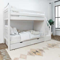 Stylish white wooden bunk bed with storage drawers and staircase in a modern bedroom setting.