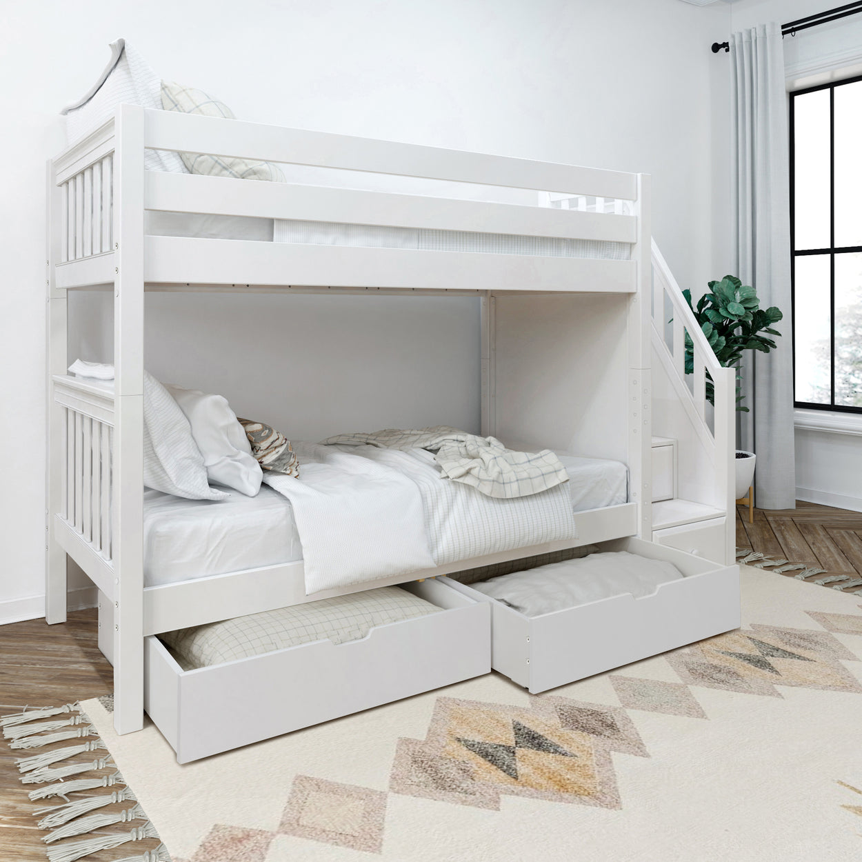 White wooden bunk bed with built-in stairs and storage drawers in a modern bedroom setting.