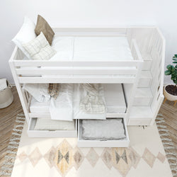 White wooden bunk bed with built-in staircase and under-bed storage drawers in modern bedroom.