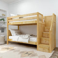 Natural pine bunk bed with built-in staircase storage drawers in a neutral kids' bedroom, white walls, cozy linen bedding and patterned rug