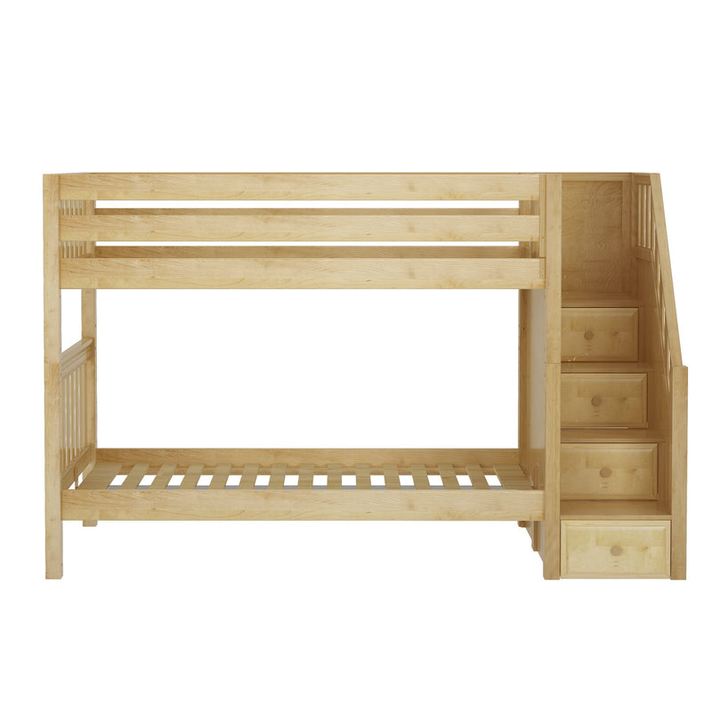 Solid maple loft bunk bed with built-in staircase and storage drawers, twin-over-full wooden frame in natural finish for kids' bedroom