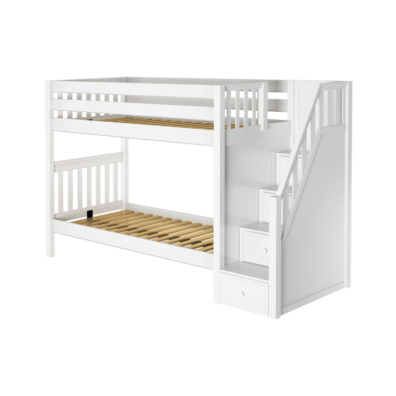 White wooden loft bunk bed with built-in staircase and storage drawers, twin-over-full kids bunk with slatted mattress supports