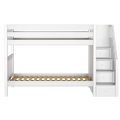 White wooden loft bunk bed with built-in staircase drawers and slatted lower bed frame, space-saving kids' bunk bed with integrated storage