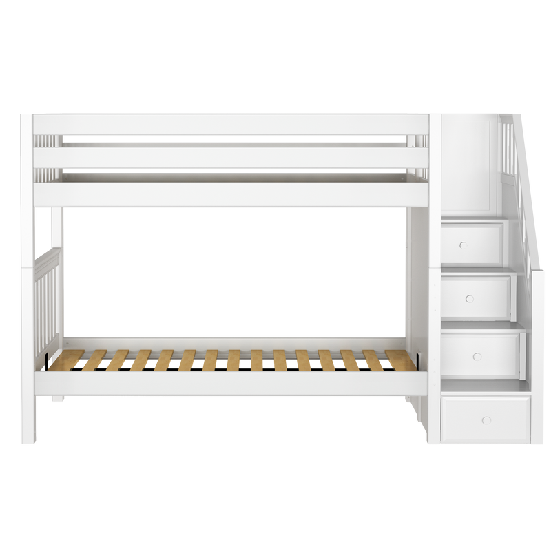 White wooden loft bunk bed with built-in staircase drawers and slatted lower bed frame, space-saving kids' bunk bed with integrated storage