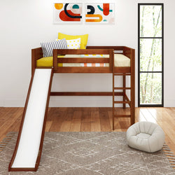 Loft bed with slide and colorful decor in a modern kids' bedroom.