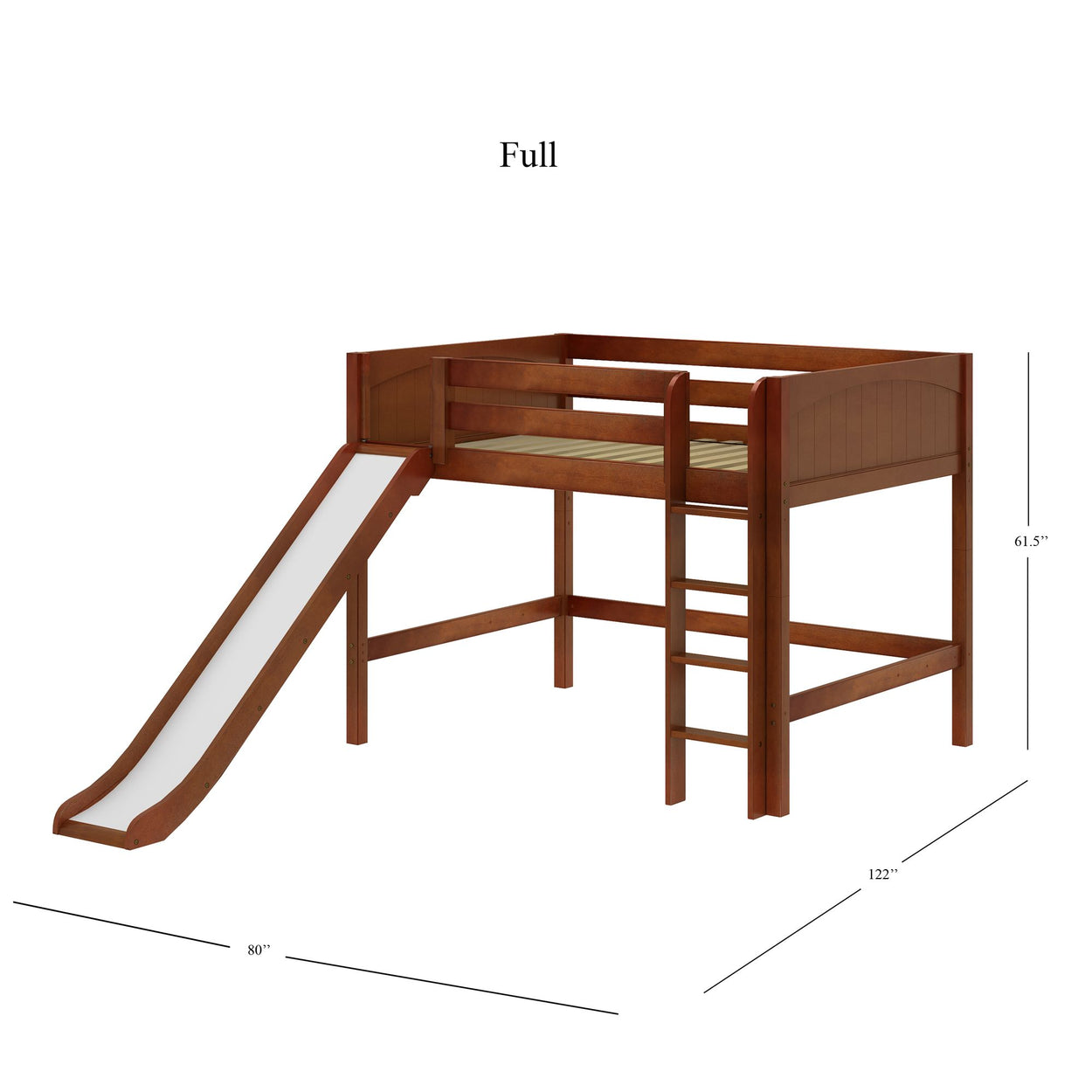 Full-size wooden loft bed with slide and ladder, ideal for kids' bedroom furniture.