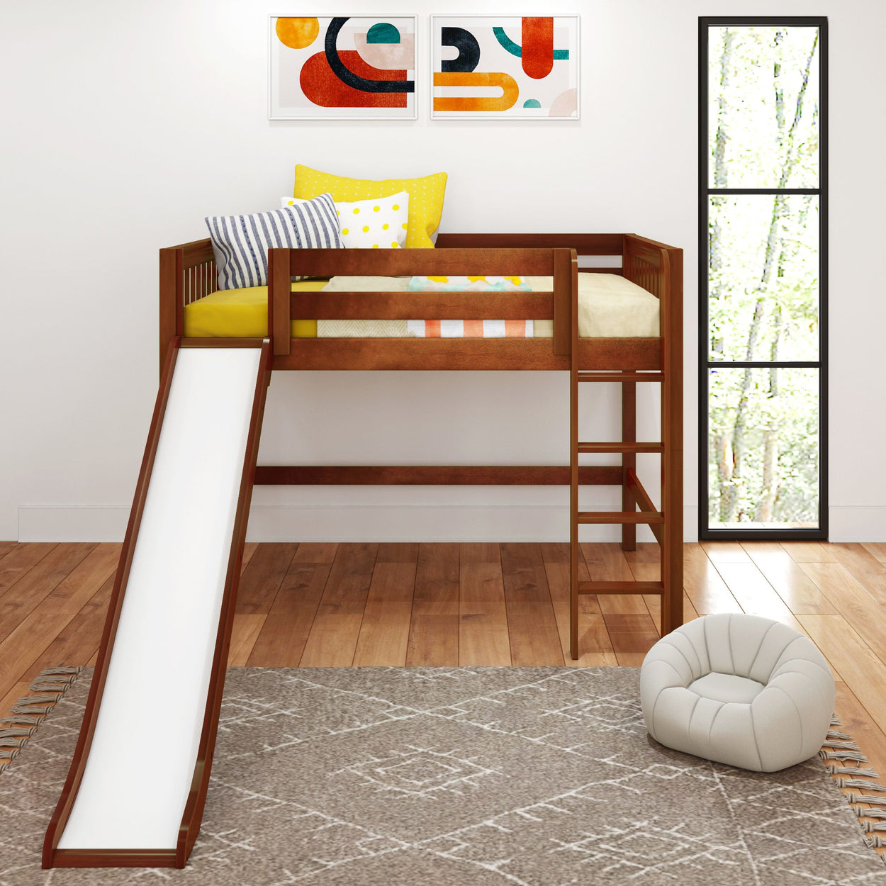 Children's wooden loft bed with slide and colorful pillows in modern bedroom.