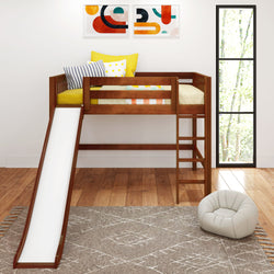 Children's wooden loft bed with slide and colorful pillows in modern bedroom.