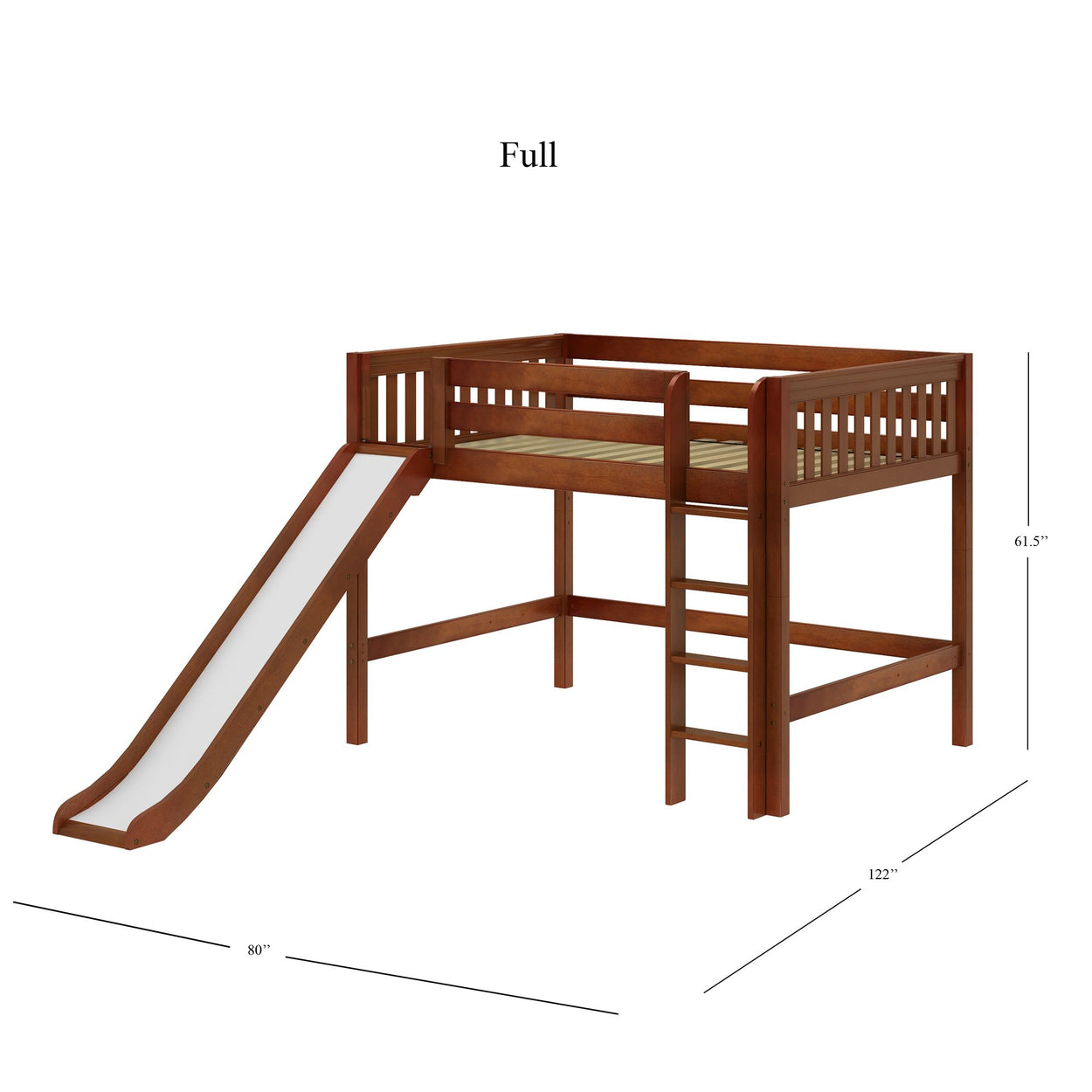 Full-size wooden loft bed with slide, integrated ladder, and safety rails for kids' bedroom.