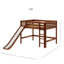 Full-size wooden loft bed with slide, integrated ladder, and safety rails for kids' bedroom.