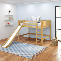 Children's loft bed with slide and ladder in bright bedroom with hardwood floor and playful decor.