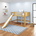 Wooden kids loft bed with slide and ladder in bright modern children's bedroom with blue plaid rug, stuffed animals, floating shelves and hardwood floors