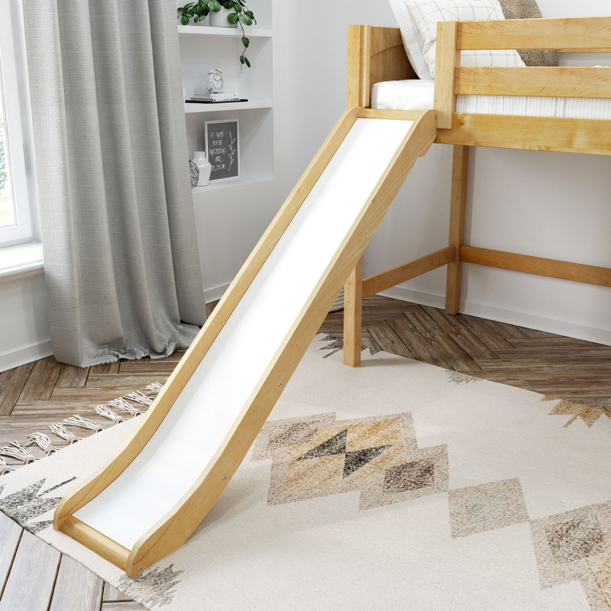 Wooden loft bed with slide in cozy children's bedroom, featuring a geometric rug and natural light.