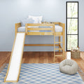 Modern kids' wooden loft bed with slide in bright children's bedroom, blue plaid rug, striped pillows, teddy bears, ladder and tall window