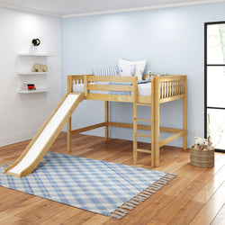 Children's wooden loft bed with slide in a modern bedroom setting.