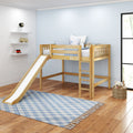 Children's bedroom with natural wood loft bed and slide, blue plaid rug, light blue walls, stuffed animals and wall shelves