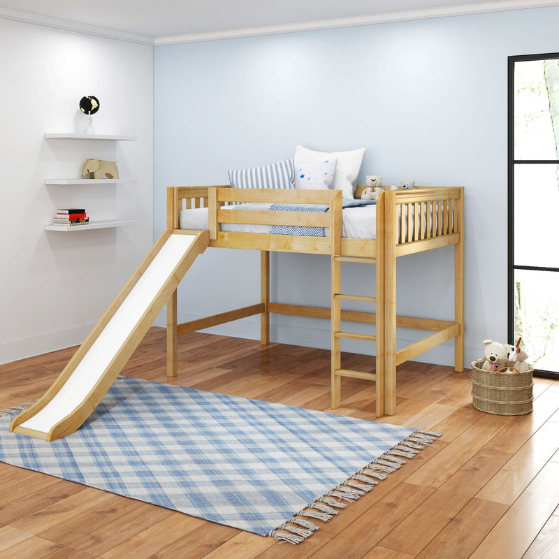 Children's bedroom with natural wood loft bed and slide, blue plaid rug, light blue walls, stuffed animals and wall shelves