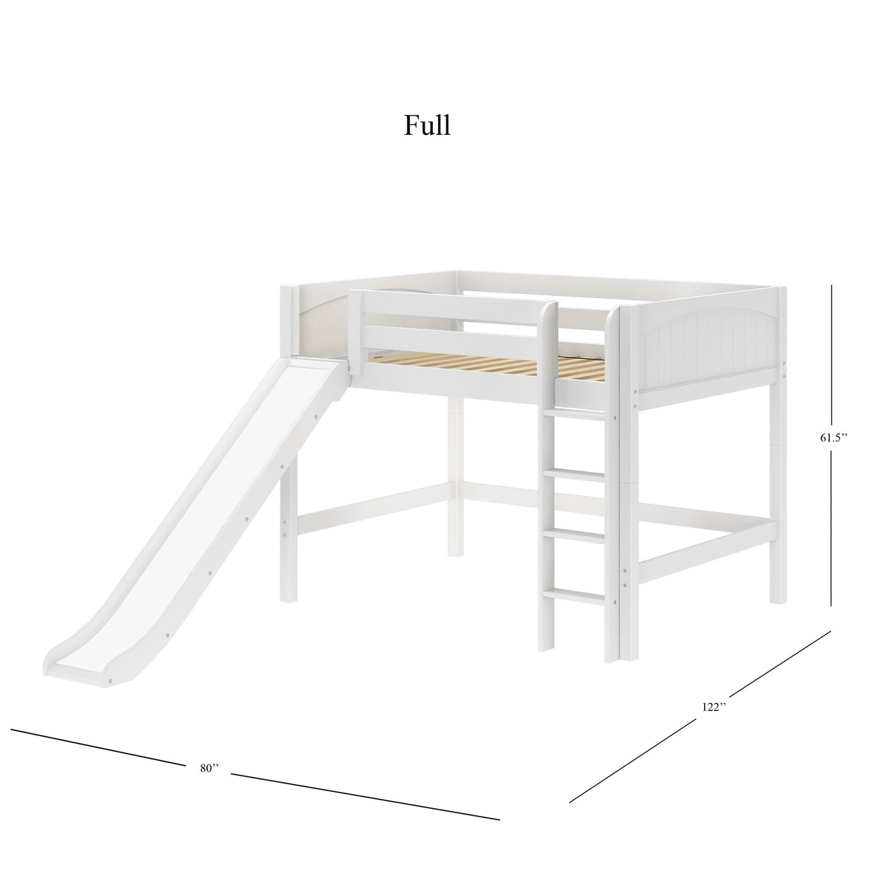 White full-size loft bed with slide and ladder, dimensions 80x122x61.5 inches, children's bedroom furniture.