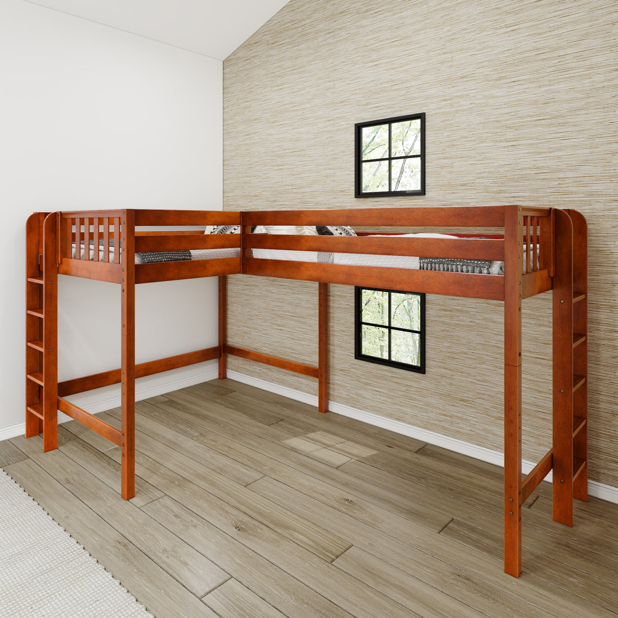 Rustic wooden L-shaped loft bed frame in a modern bedroom with natural light.