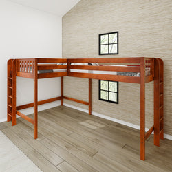 Rustic wooden L-shaped loft bed frame in a modern bedroom with natural light.
