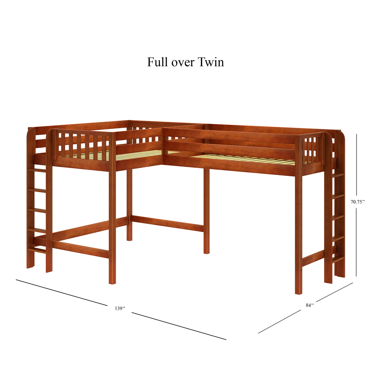 L-shaped wooden full-over-twin loft bed with ladders and guardrails, ideal for maximizing space in a modern bedroom.