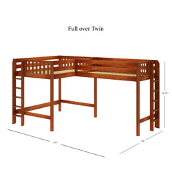 L-shaped wooden full-over-twin loft bed with ladders and guardrails, ideal for maximizing space in a modern bedroom.