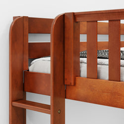 Wooden bunk bed with ladder and comfortable mattress in a modern bedroom setting.