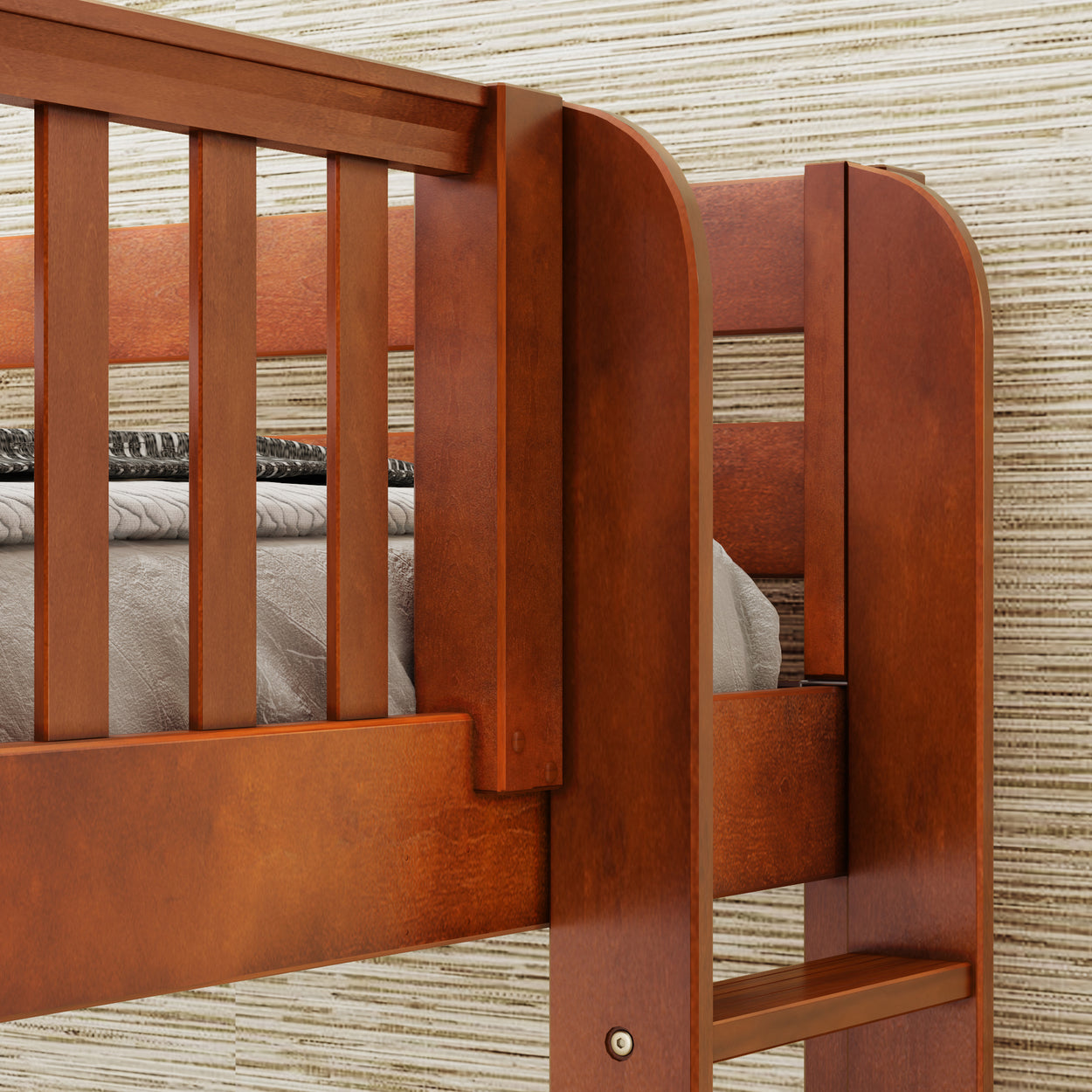 Wooden bunk bed with side ladder against a textured wall background.