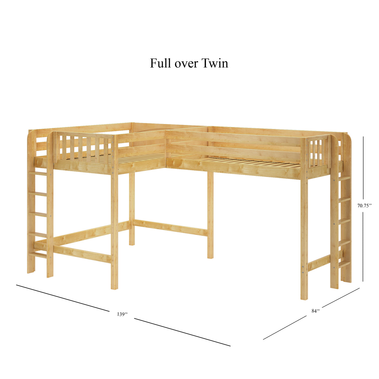 Full over twin wooden bunk bed frame with ladders, dimensions 139" x 84" x 70.75".