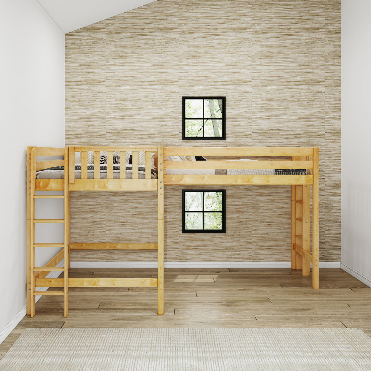 Wooden loft bed with ladder in minimalist bedroom with beige walls and natural light.