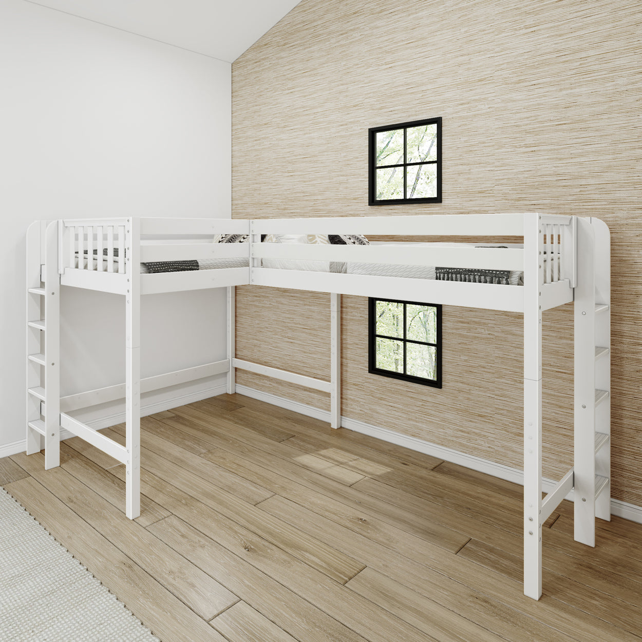 White wooden loft bed in modern bedroom with light wood flooring and textured wallpaper.