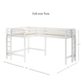 White wooden full-over-twin loft bed with guardrails, ladders and slatted mattress supports, 139 in L × 84 in W × 70.75 in H