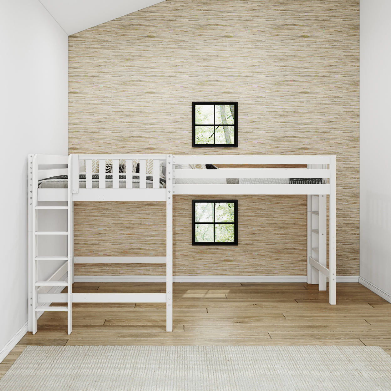 White wooden loft bed with ladder in a modern bedroom setting featuring beige textured walls and wooden flooring.