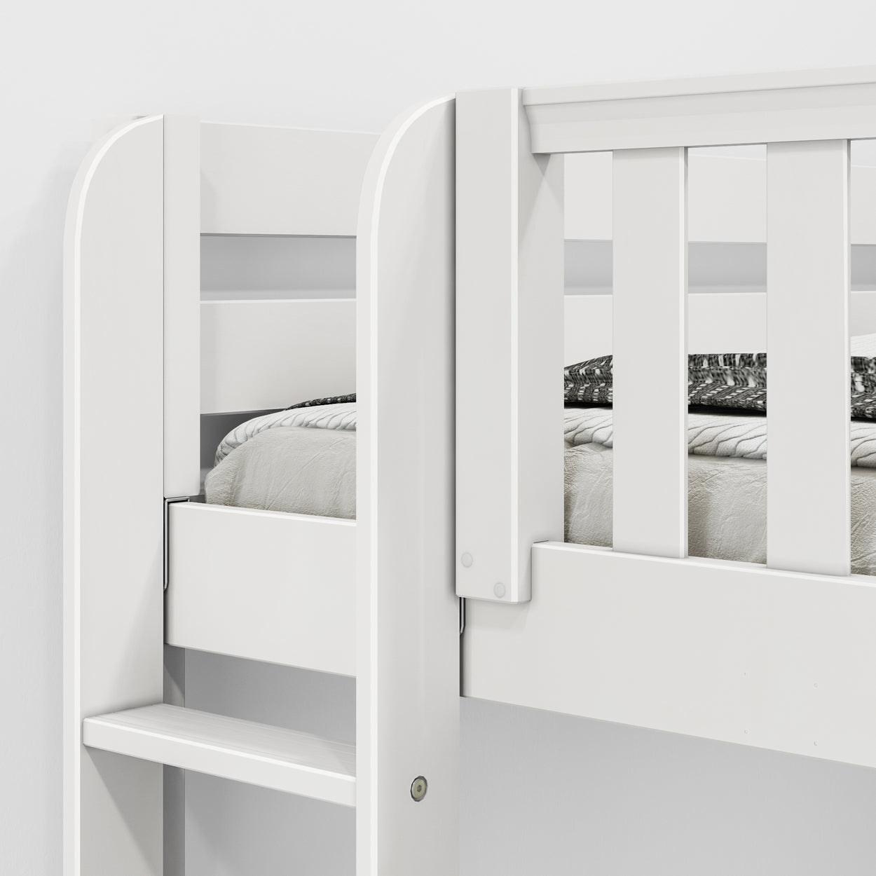 White wooden bunk bed with ladder and cozy bedding.