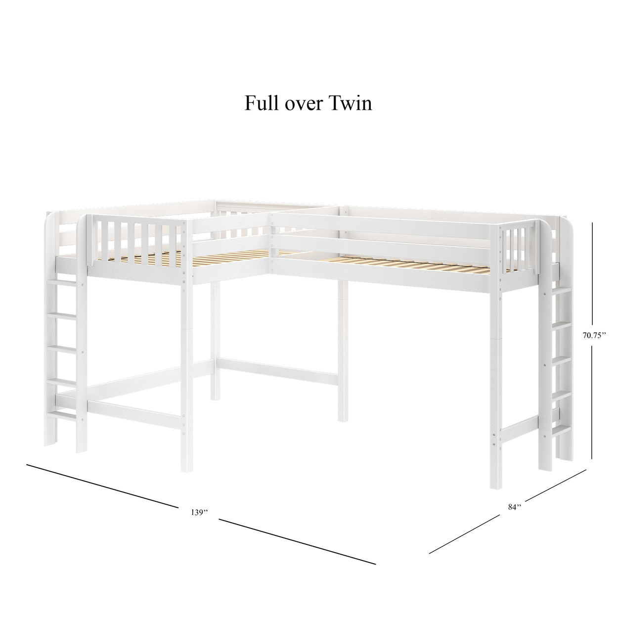 White full over twin loft bed with ladder and guardrails, L-shaped design with dimensions 139" x 84" x 70.75", ideal for maximizing bedroom space.