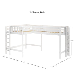 White full over twin loft bed with ladder and guardrails, L-shaped design with dimensions 139" x 84" x 70.75", ideal for maximizing bedroom space.