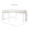 Full-over-twin loft bed in white wood with ladder, guardrails and slatted mattress supports — space-saving kids bunk bed, approx. 139" x 84" x 70.75