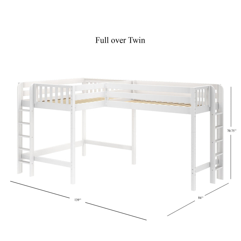 Full-over-twin loft bed in white wood with ladder, guardrails and slatted mattress supports — space-saving kids bunk bed, approx. 139" x 84" x 70.75