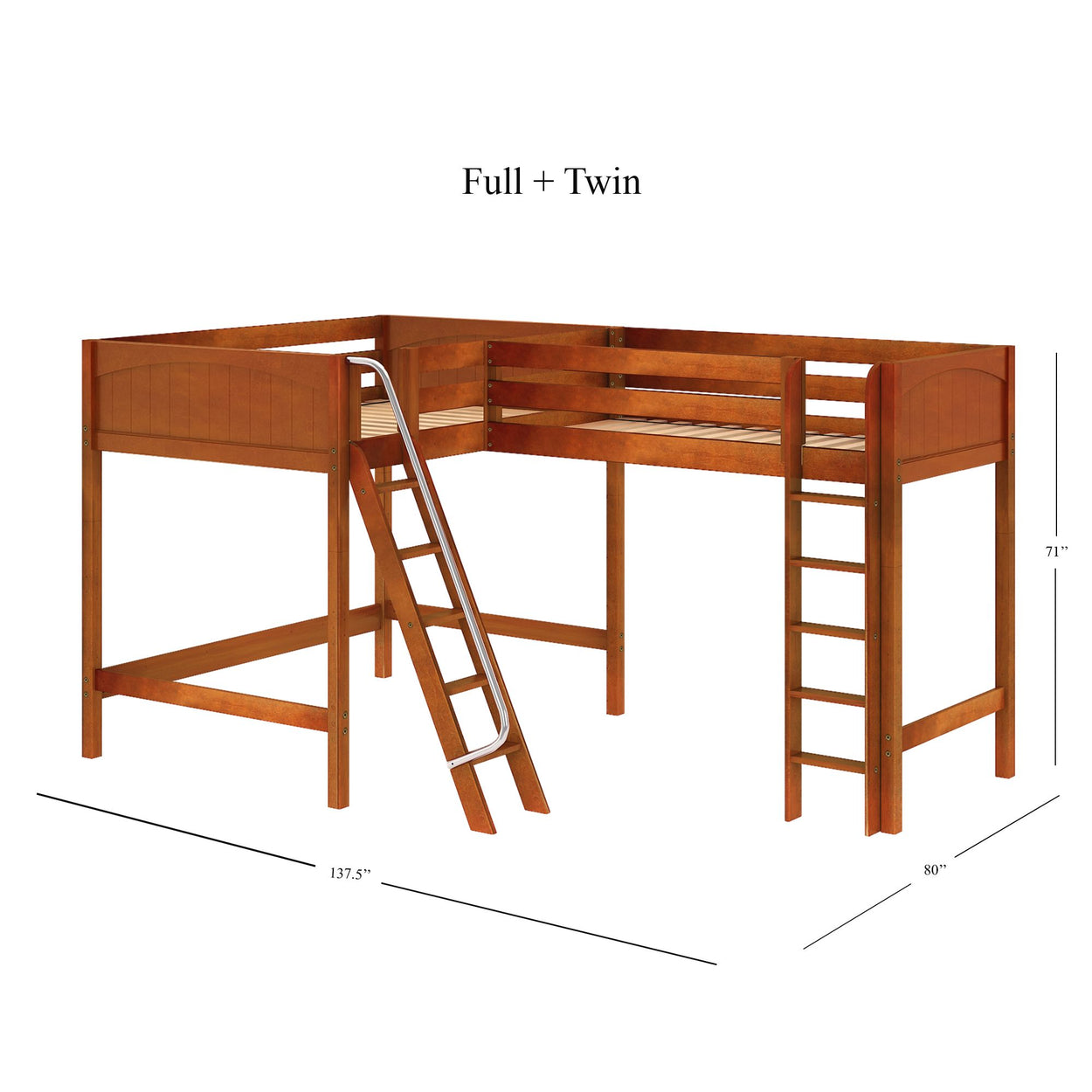 Wooden L-shaped loft bunk bed with ladder, featuring full and twin size configuration, ideal for maximizing space in kids’ bedrooms.