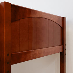 Wooden headboard with rich brown finish and panel design.