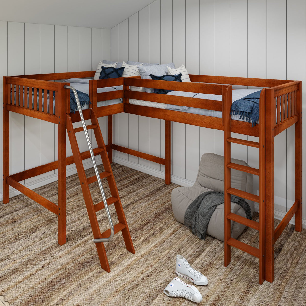Wooden loft bed with ladder in cozy bedroom with modern decor.