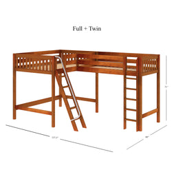 Wooden L-shaped loft bed with ladder, featuring full and twin size frames, ideal for maximizing space in small bedrooms.
