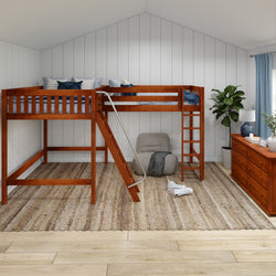 Loft bed with ladder in a cozy bedroom featuring wooden furniture, neutral decor, and natural light.