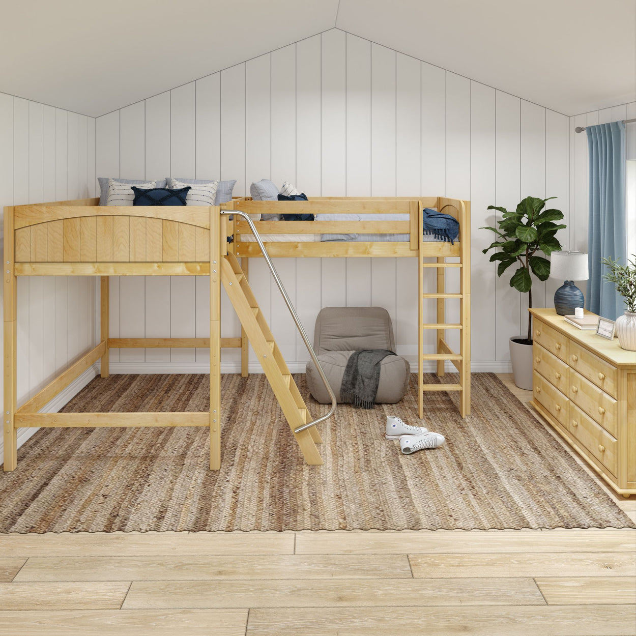Wooden loft bed with ladder in a cozy, modern bedroom featuring a dresser, indoor plant, and natural light.