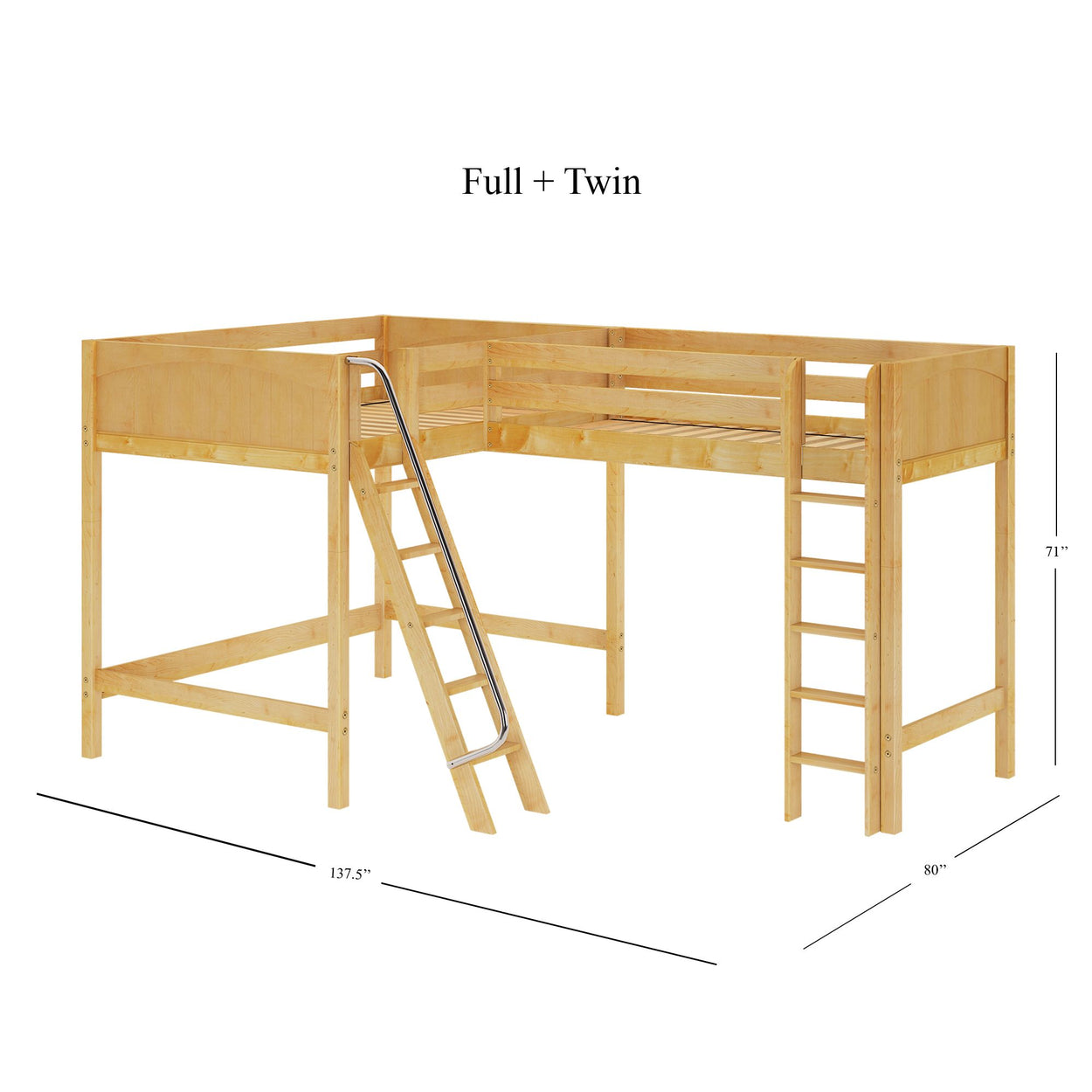 Wooden L-shaped loft bed with ladder and slide, suitable for full and twin mattresses.