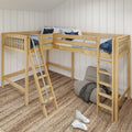 Wooden loft bed with ladder, L-shaped twin loft bed with blue pillows and throw, white shiplap walls, woven jute rug and cozy beanbag seating in a modern kids' bedroom