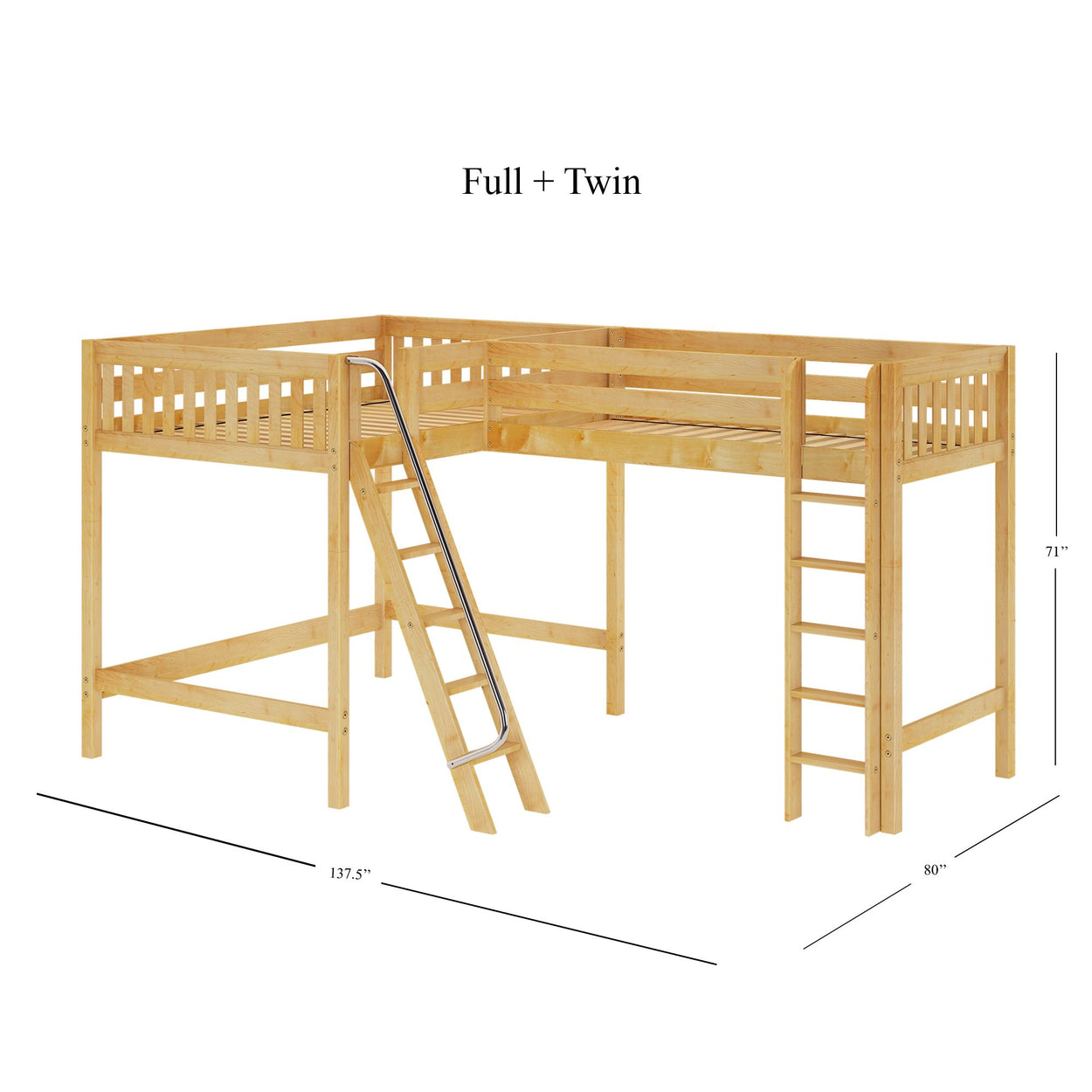 L-shaped wooden loft bed with ladder, accommodating both full and twin size mattresses, ideal for maximizing bedroom space.